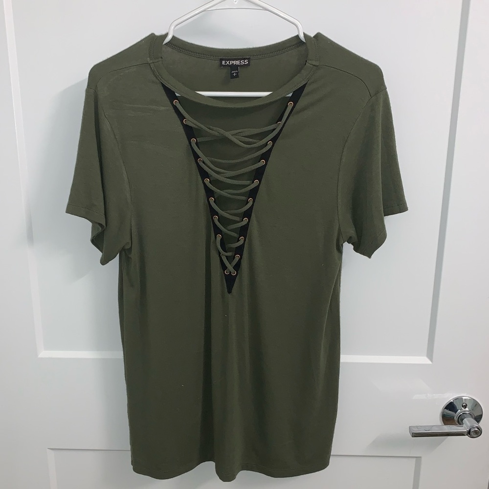 Express Forest Green Lace Short Sle…